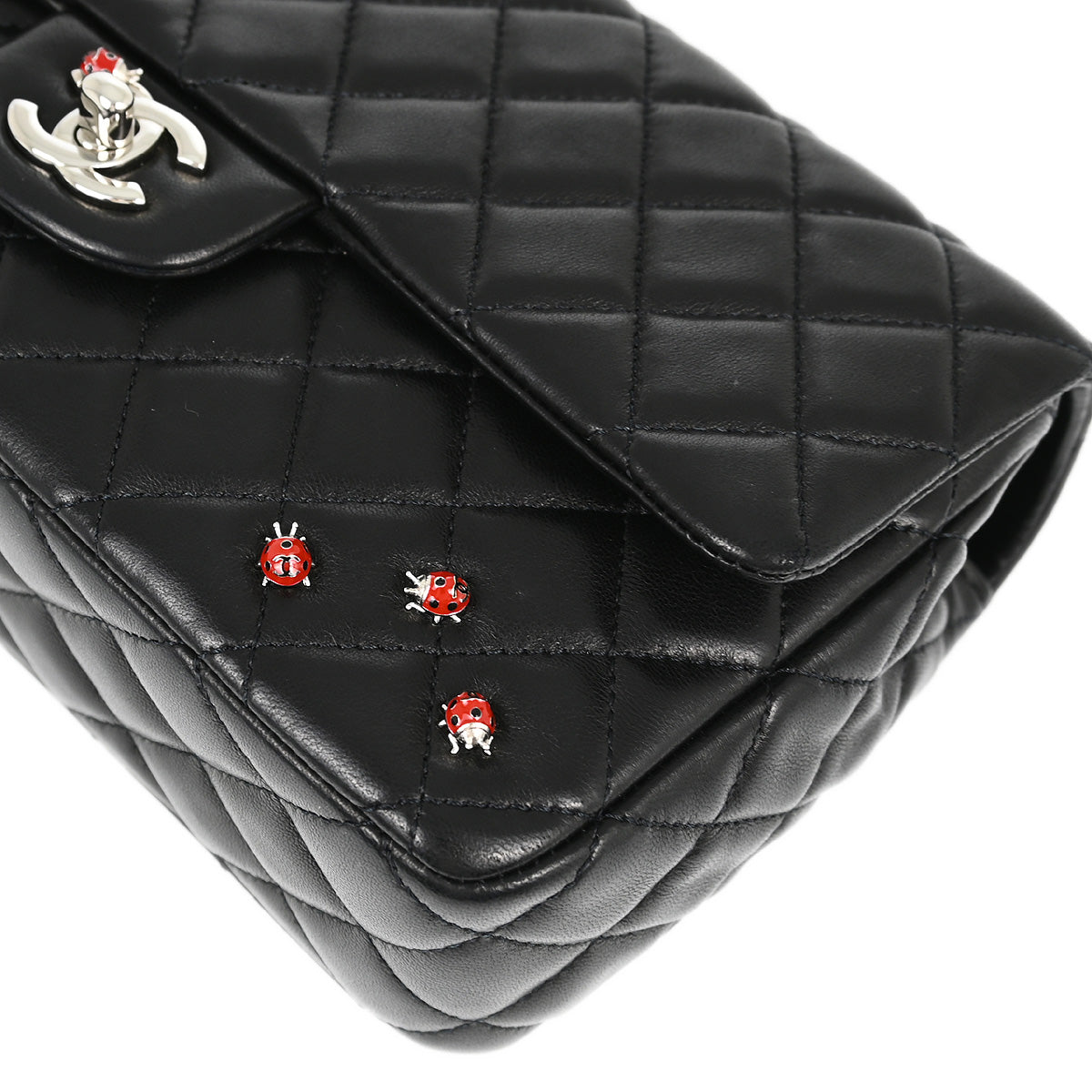 Chanel 2010-2011 Black Lambskin Ladybug Single Flap Shoulder Bag