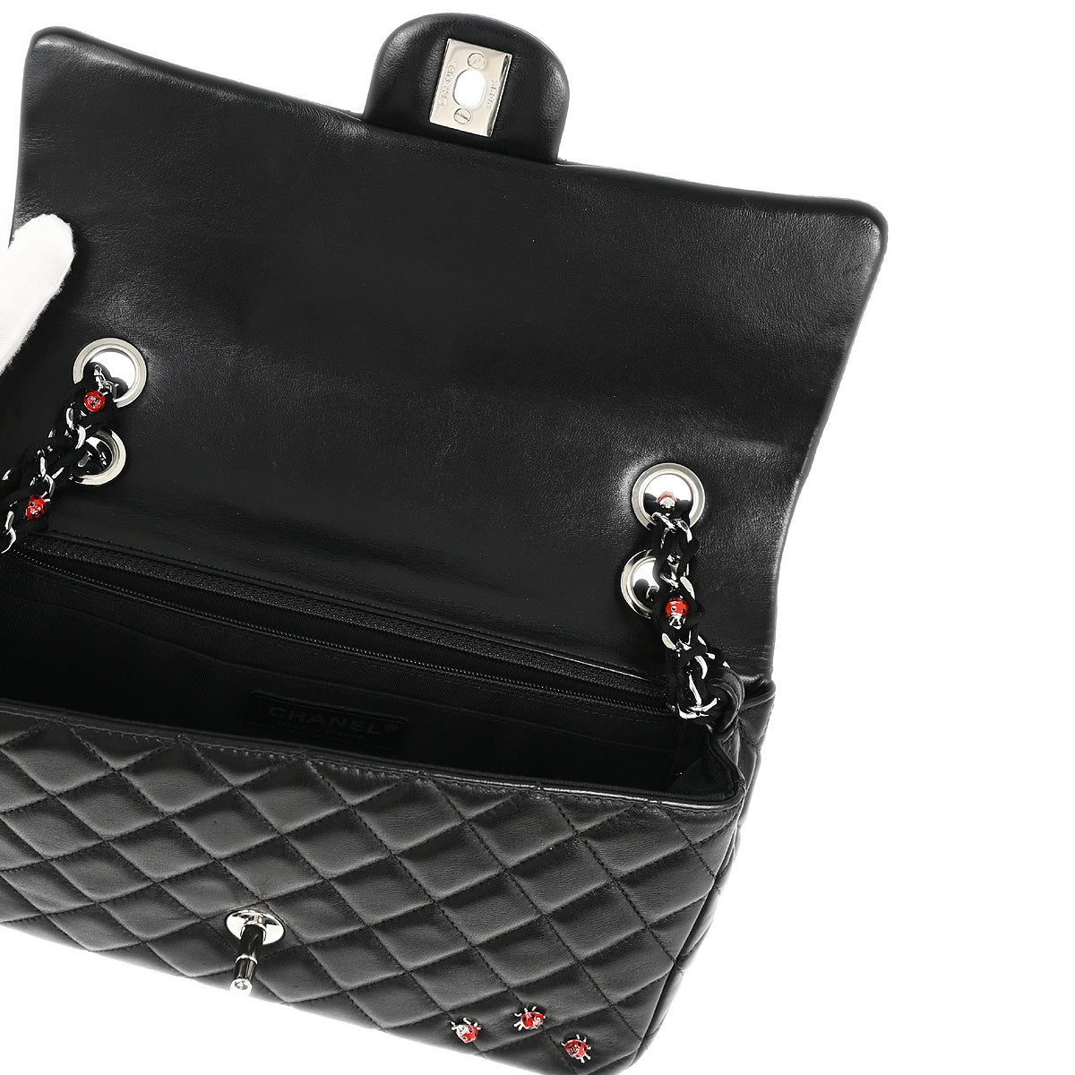 Chanel 2010-2011 Black Lambskin Ladybug Single Flap Shoulder Bag