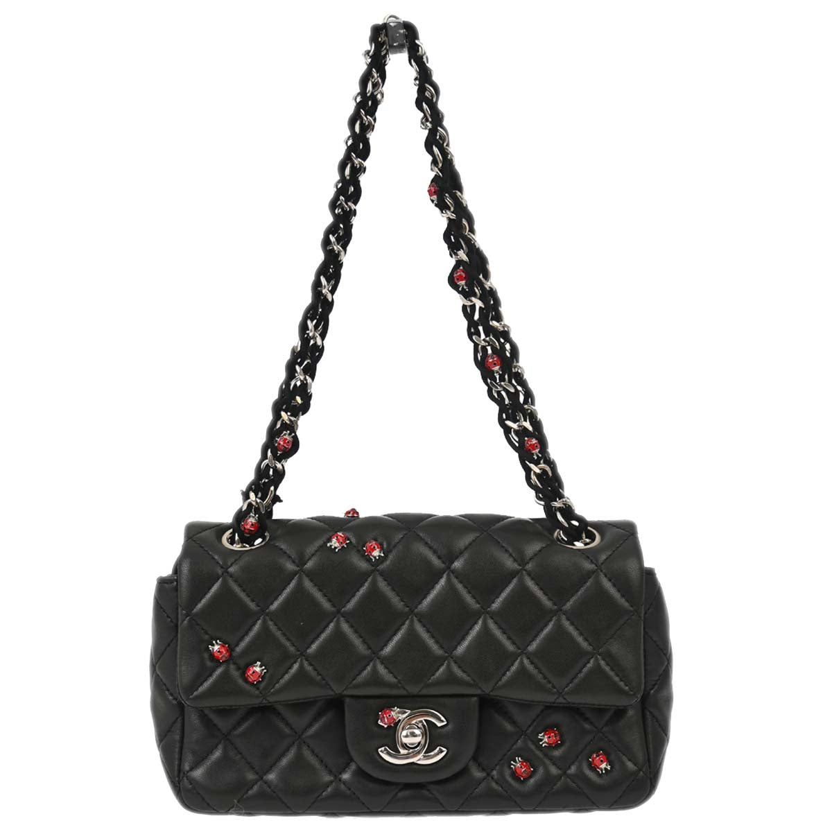 Chanel 2010-2011 Black Lambskin Ladybug Single Flap Shoulder Bag