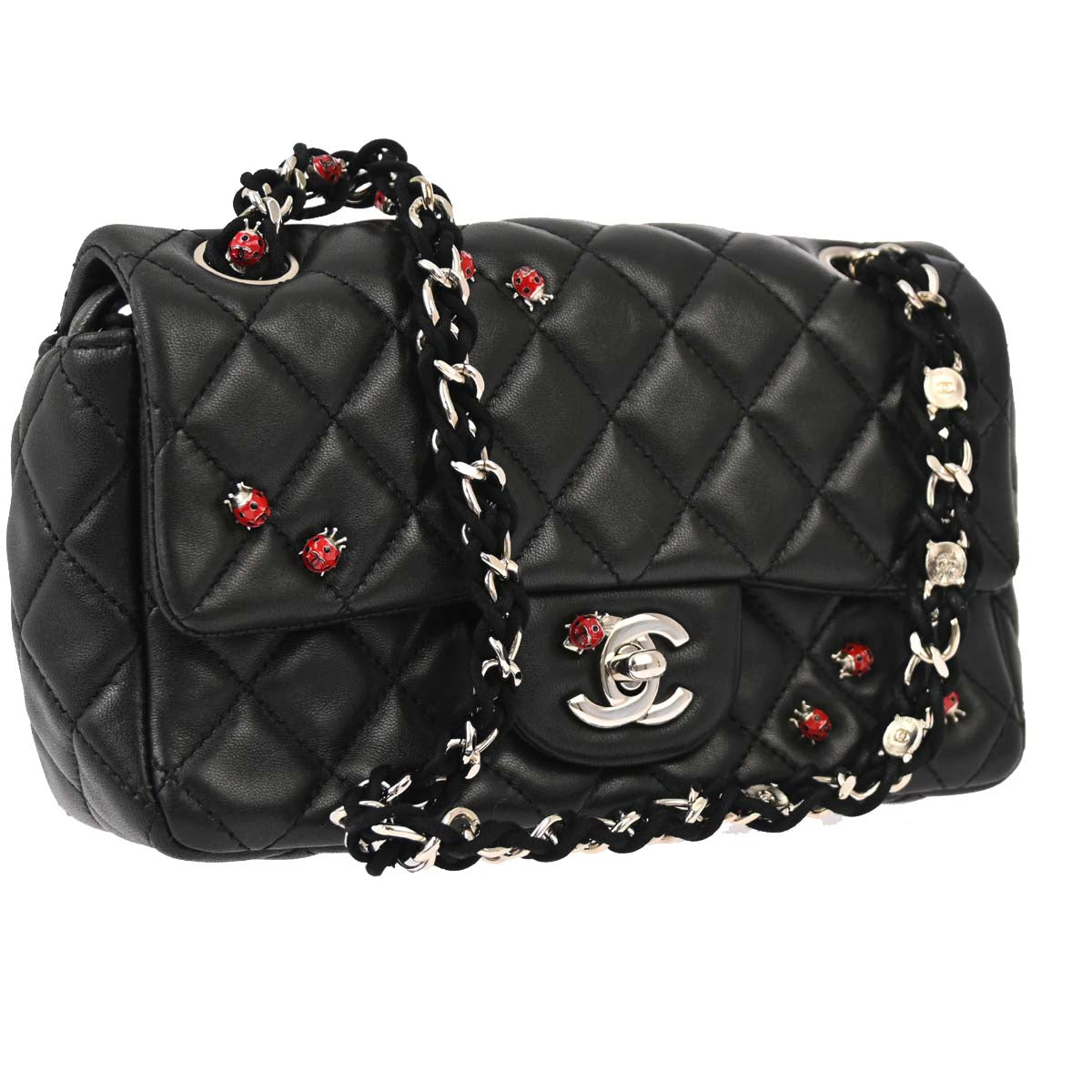 Chanel 2010-2011 Black Lambskin Ladybug Single Flap Shoulder Bag