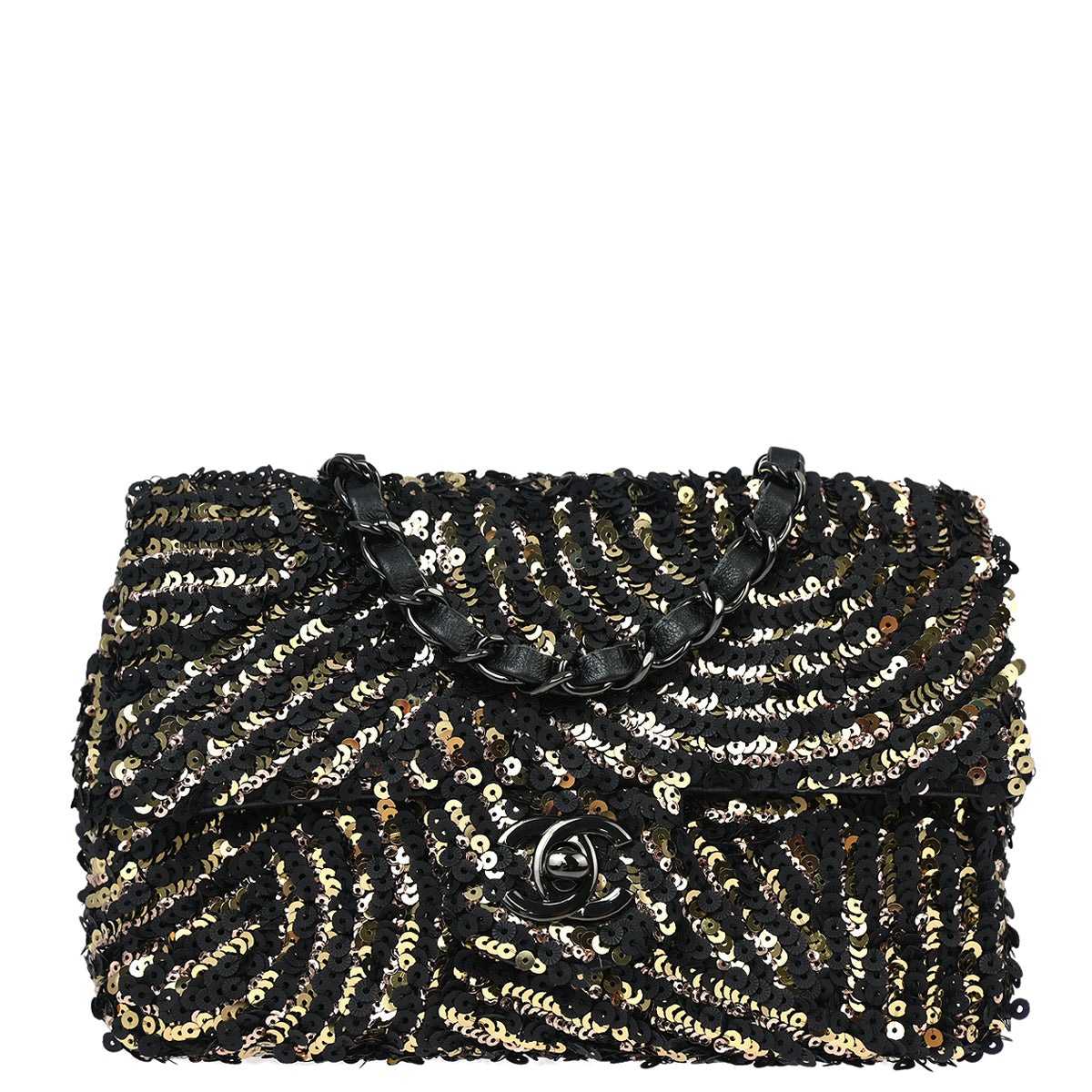 Chanel 2019 Black Gold Sequins Classic Single Flap Shoulder Bag