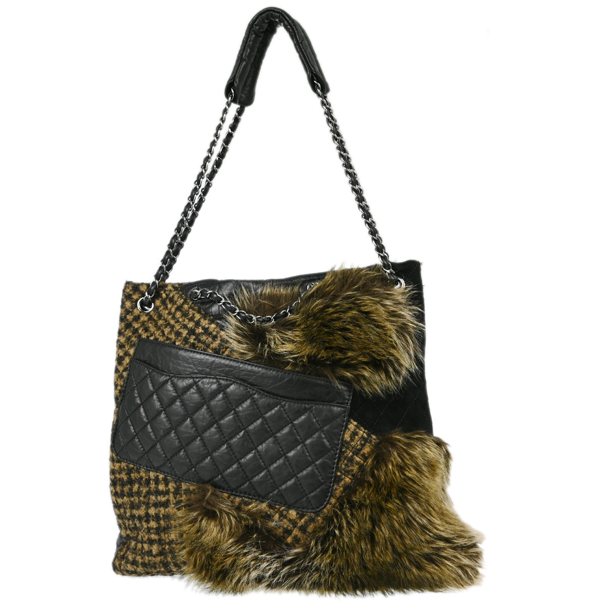 Chanel 2010-2011 Black Brown Fur Calfskin 2way Shoulder Handbag