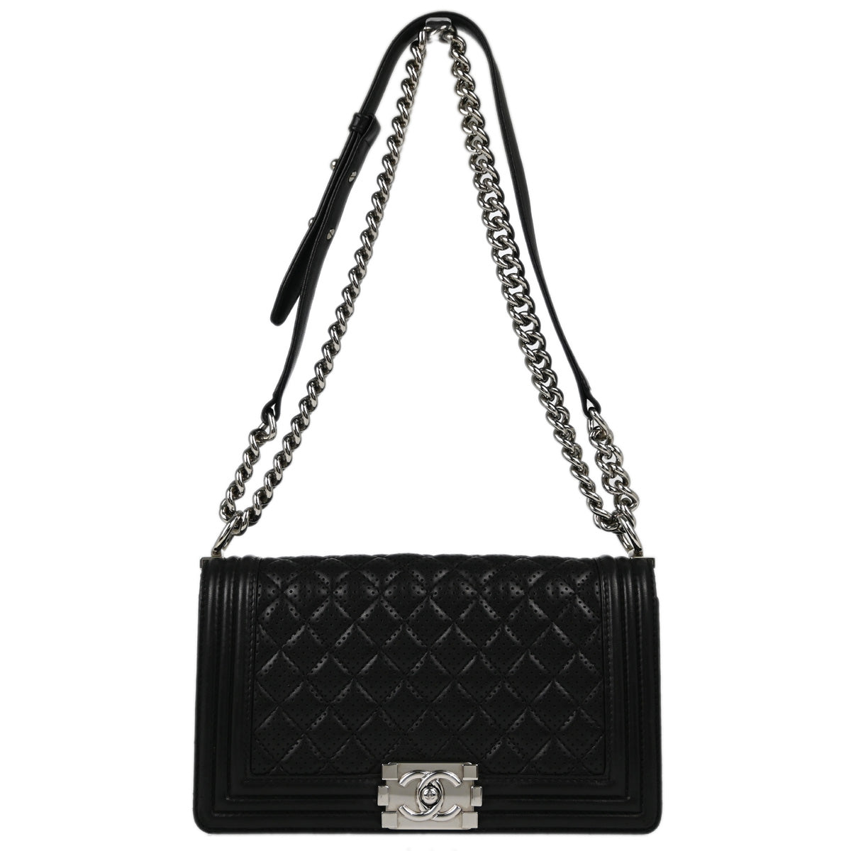 Boy Chanel 2014 Black Perforated Lambskin Medium Double Chain Shoulder Bag