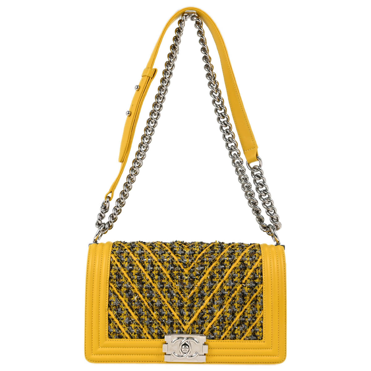 Boy Chanel 2017-2018 Yellow Lambskin Tweed Chevron Medium Double Chain Shoulder Bag