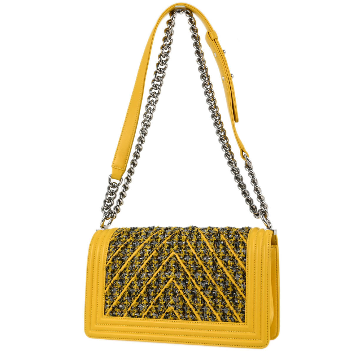 Boy Chanel 2017-2018 Yellow Lambskin Tweed Chevron Medium Double Chain Shoulder Bag