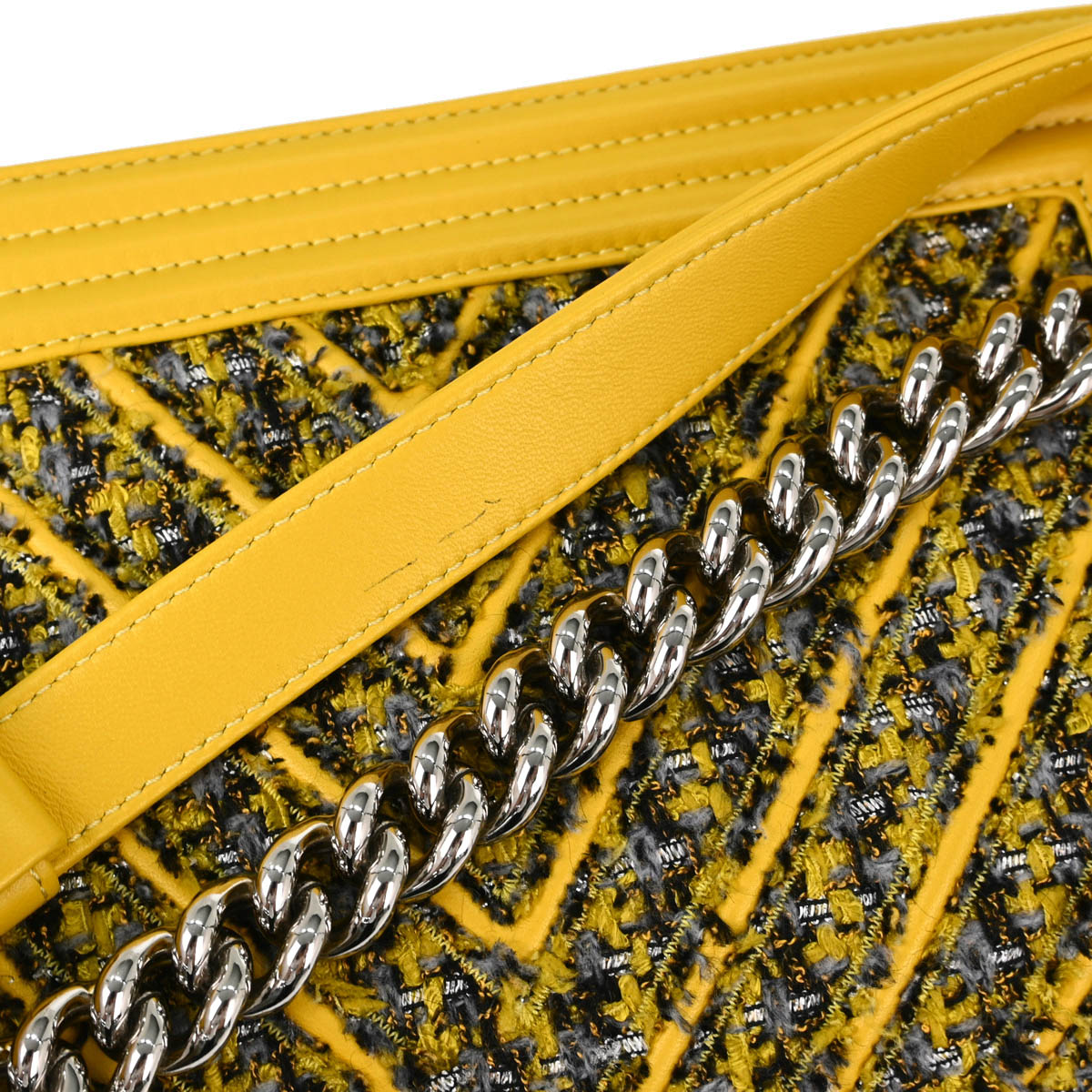 Boy Chanel 2017-2018 Yellow Lambskin Tweed Chevron Medium Double Chain Shoulder Bag