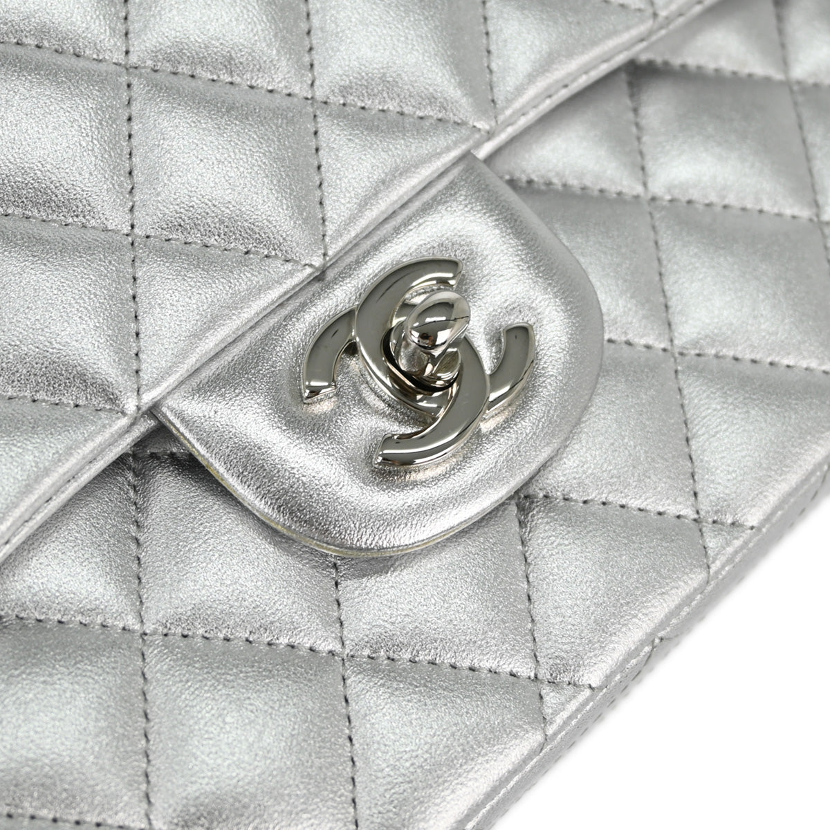 Chanel * 2010-2011 Silver Lambskin Medium Classic Double Flap Shoulder Bag