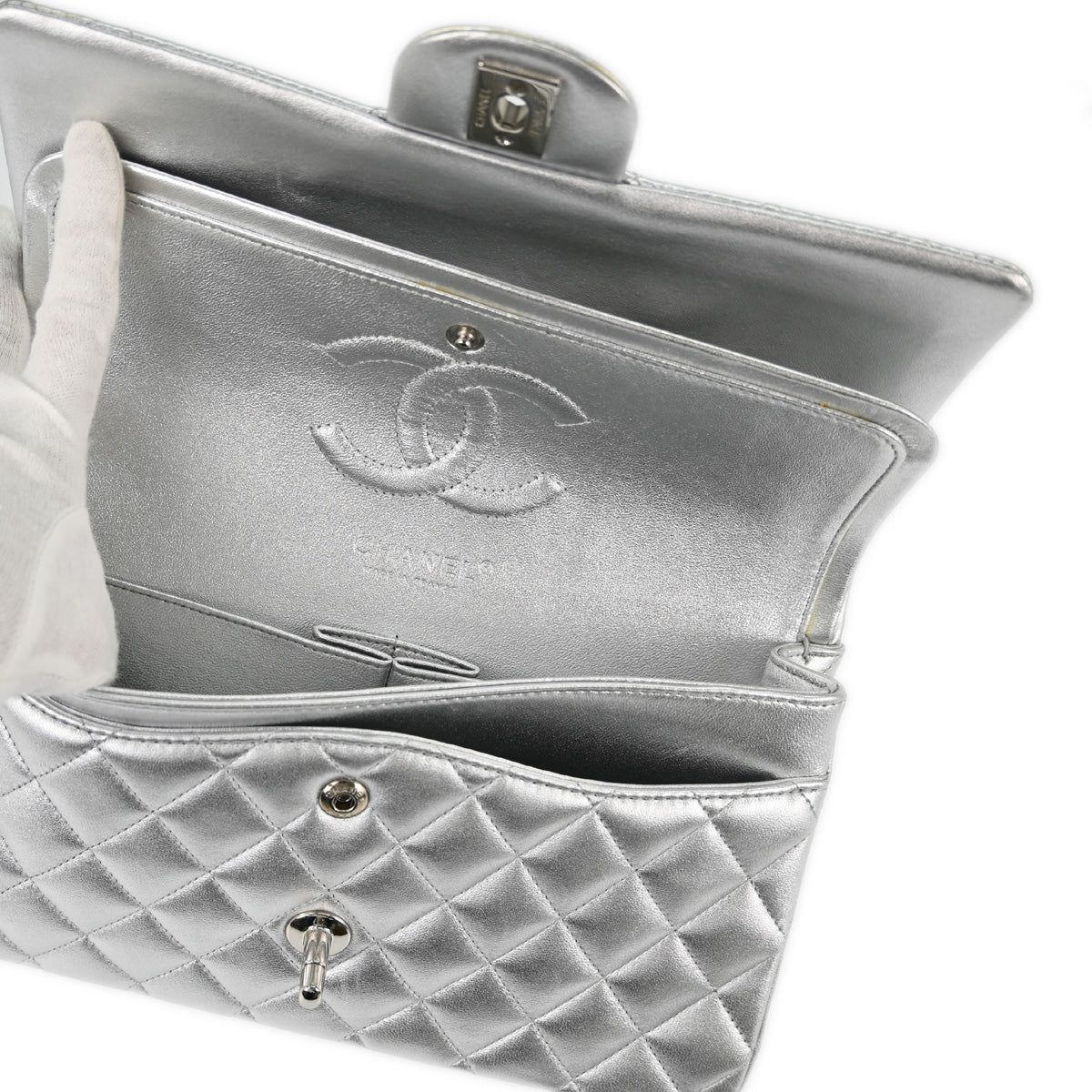 Chanel * 2010-2011 Silver Lambskin Medium Classic Double Flap Shoulder Bag