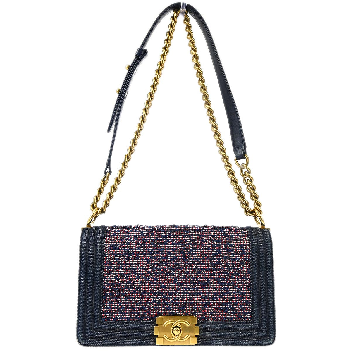 Boy Chanel 2016-2017 Navy Tweed Denim Medium Double Chain Shoulder Bag