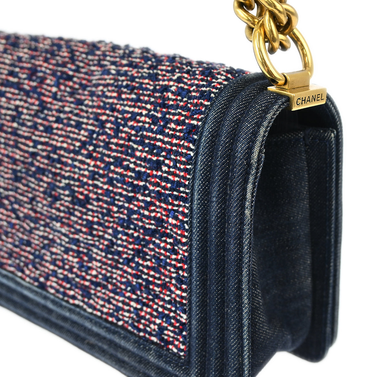 Boy Chanel 2016-2017 Navy Tweed Denim Medium Double Chain Shoulder Bag