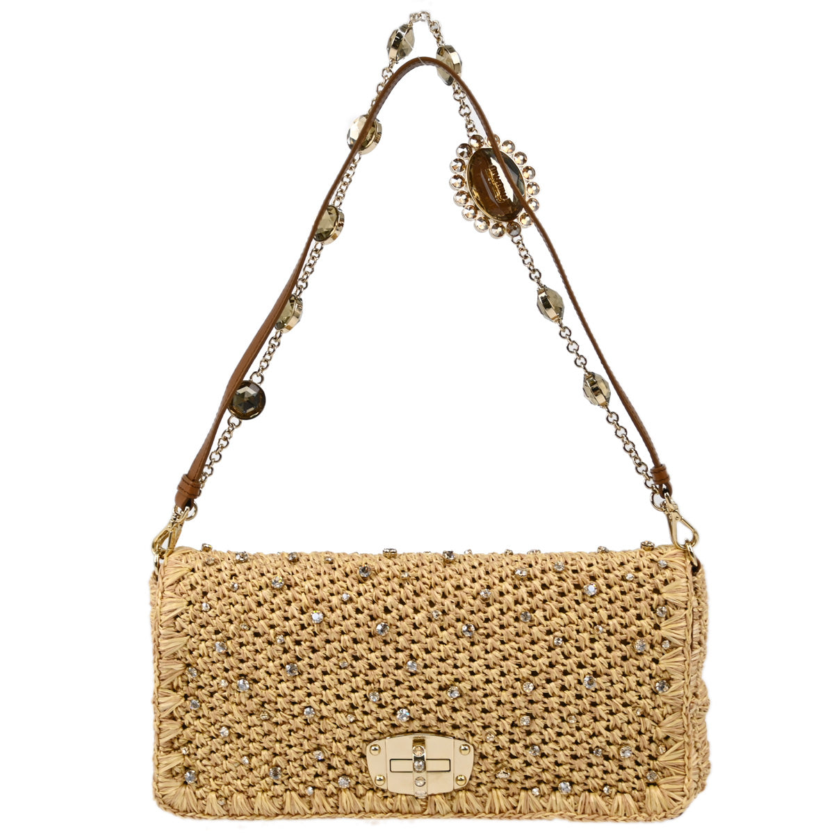 Miu Miu Beige Rafia Nappa Crystal Handbag