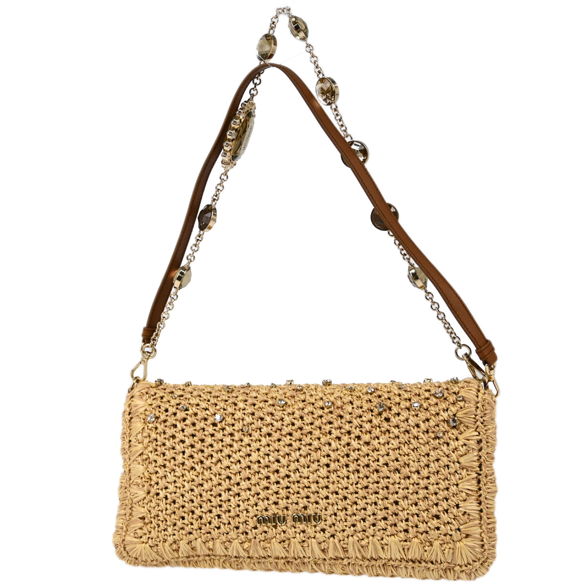 Miu Miu Beige Rafia Nappa Crystal Handbag