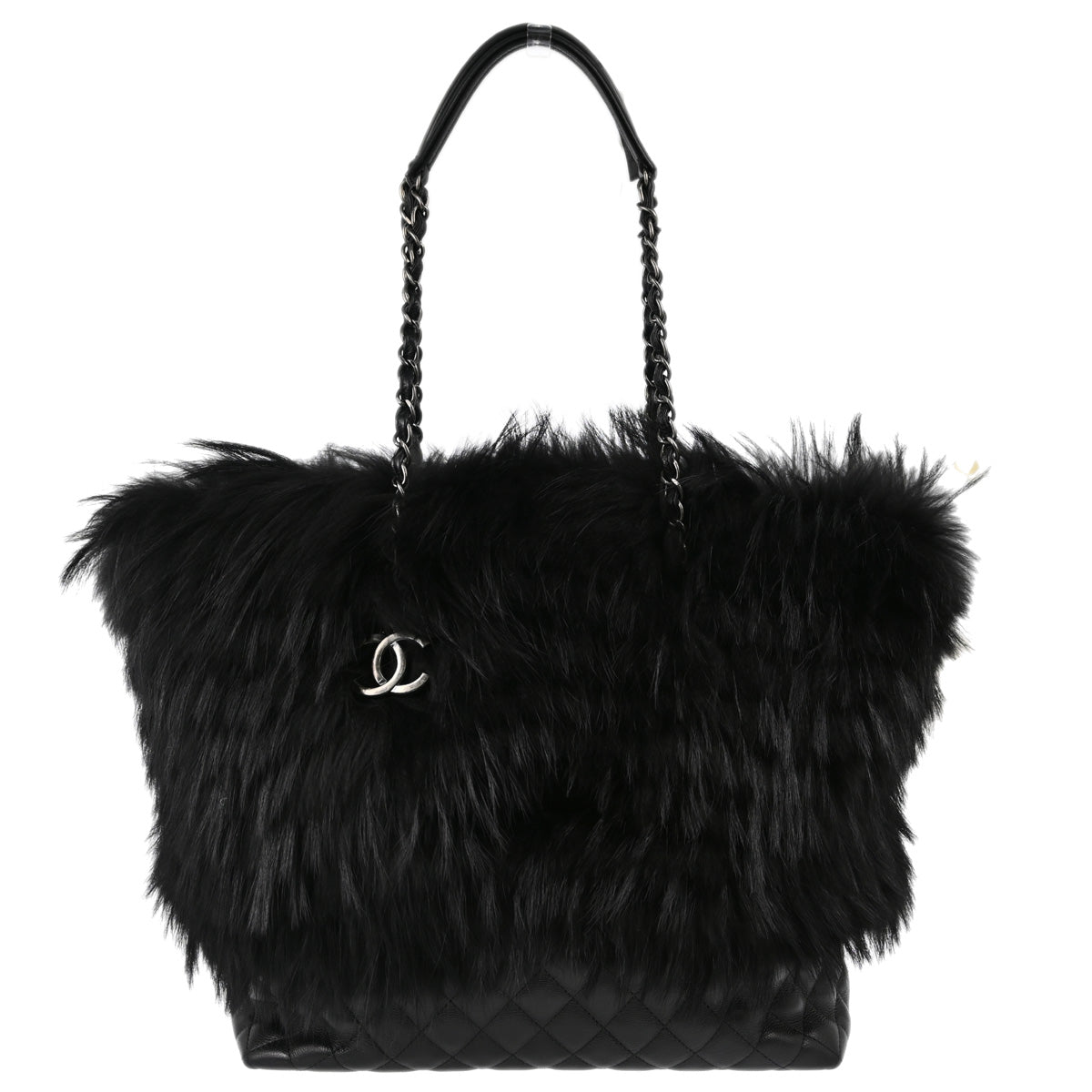 Chanel 2015-2016 Black Fur Caviar Shoulder Tote Bag