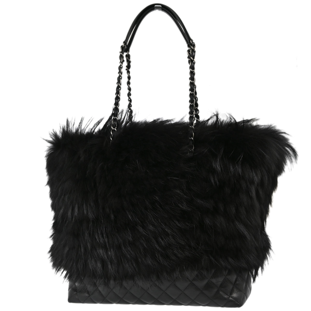 Chanel 2015-2016 Black Fur Caviar Shoulder Tote Bag