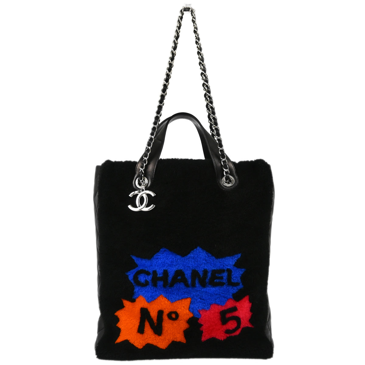 Chanel 2014-2015 Black Wool Lambskin 2way Shearling Comic Tote Handbag