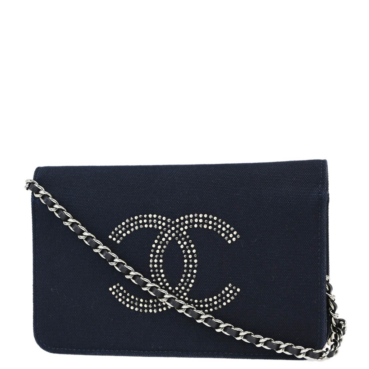 Chanel 2019 Navy Canvas Studded Mini Full Flap Chain On Wallet WOC