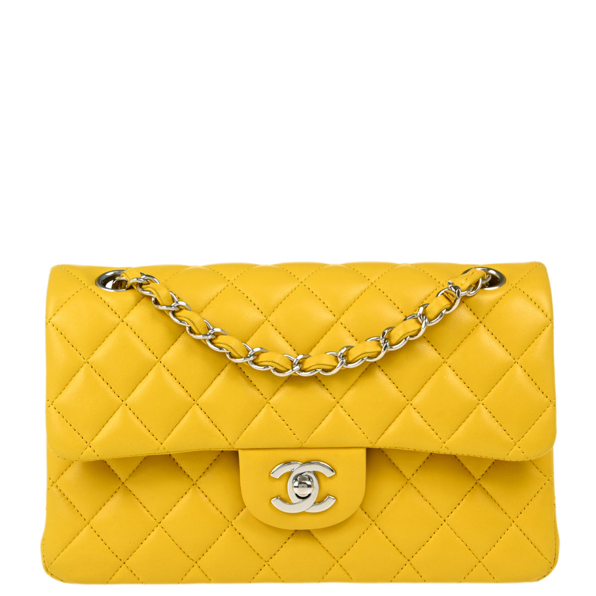 Chanel 2018 Yellow Lambskin Small Classic Double Flap Shoulder Bag