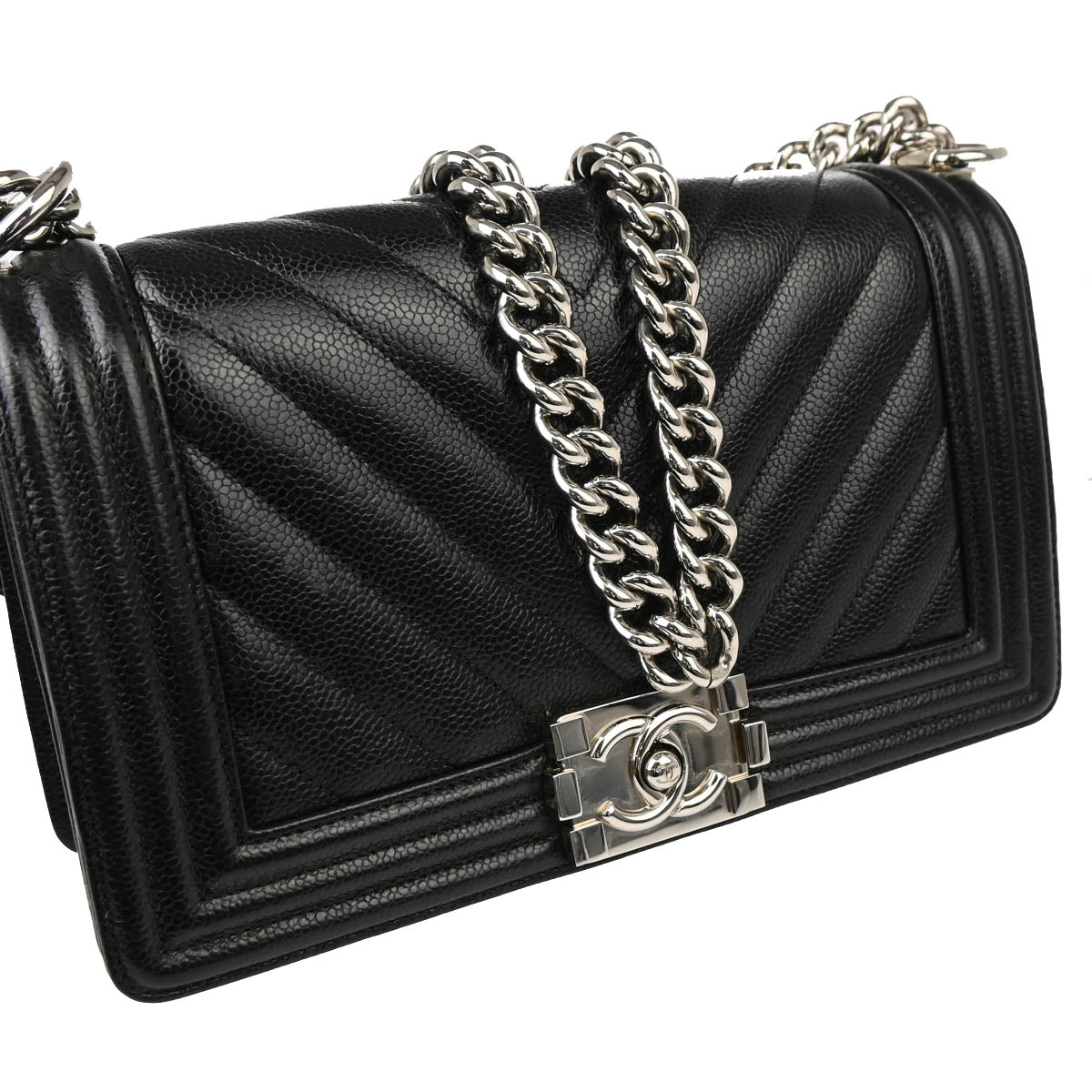 Boy Chanel 2019 Black Caviar Chevron Medium Chain Shoulder Bag