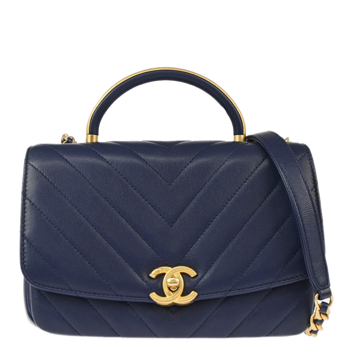 Chanel 2019 Navy Lambskin Chevron 2way Shoulder Handbag