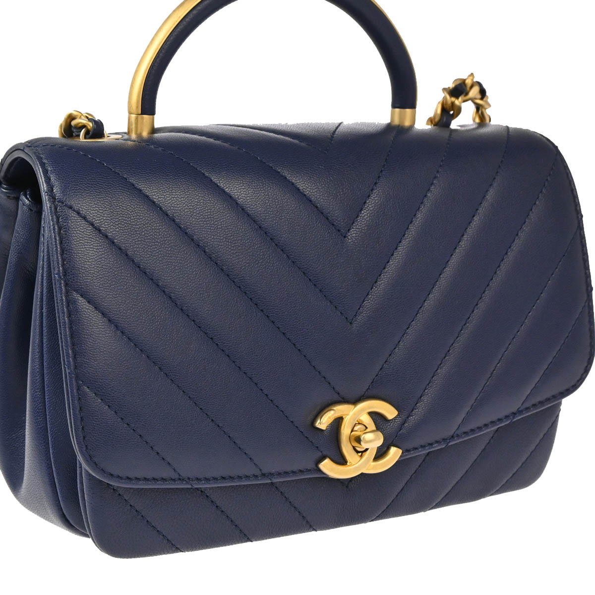 Chanel 2019 Navy Lambskin Chevron 2way Shoulder Handbag