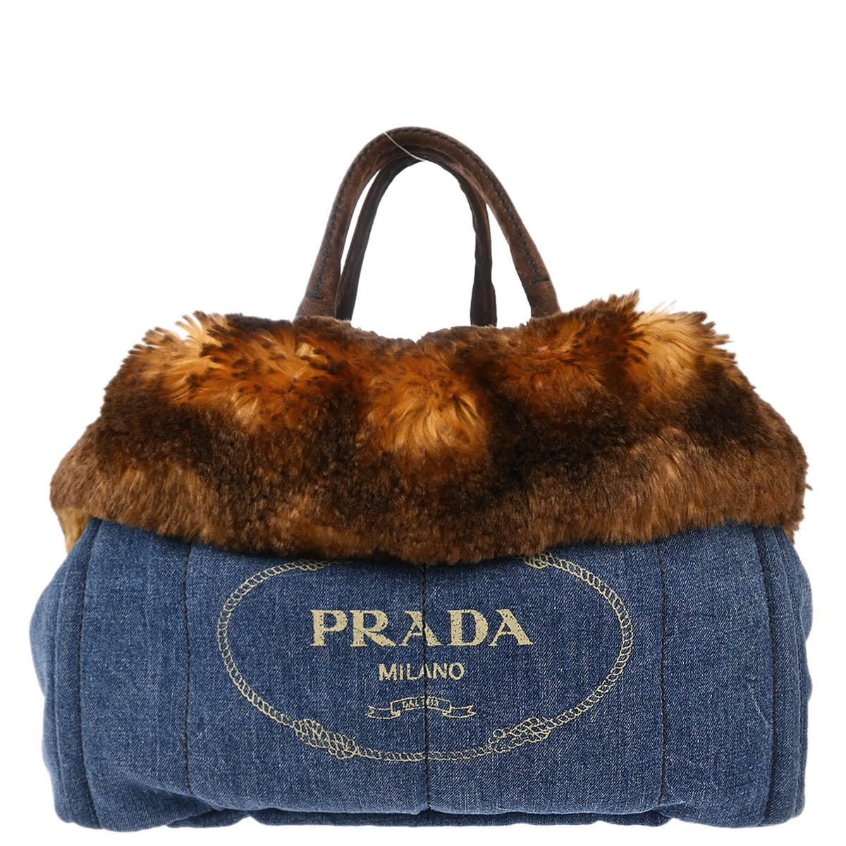 Prada Blue Denim Fur Canapa Tote Handbag