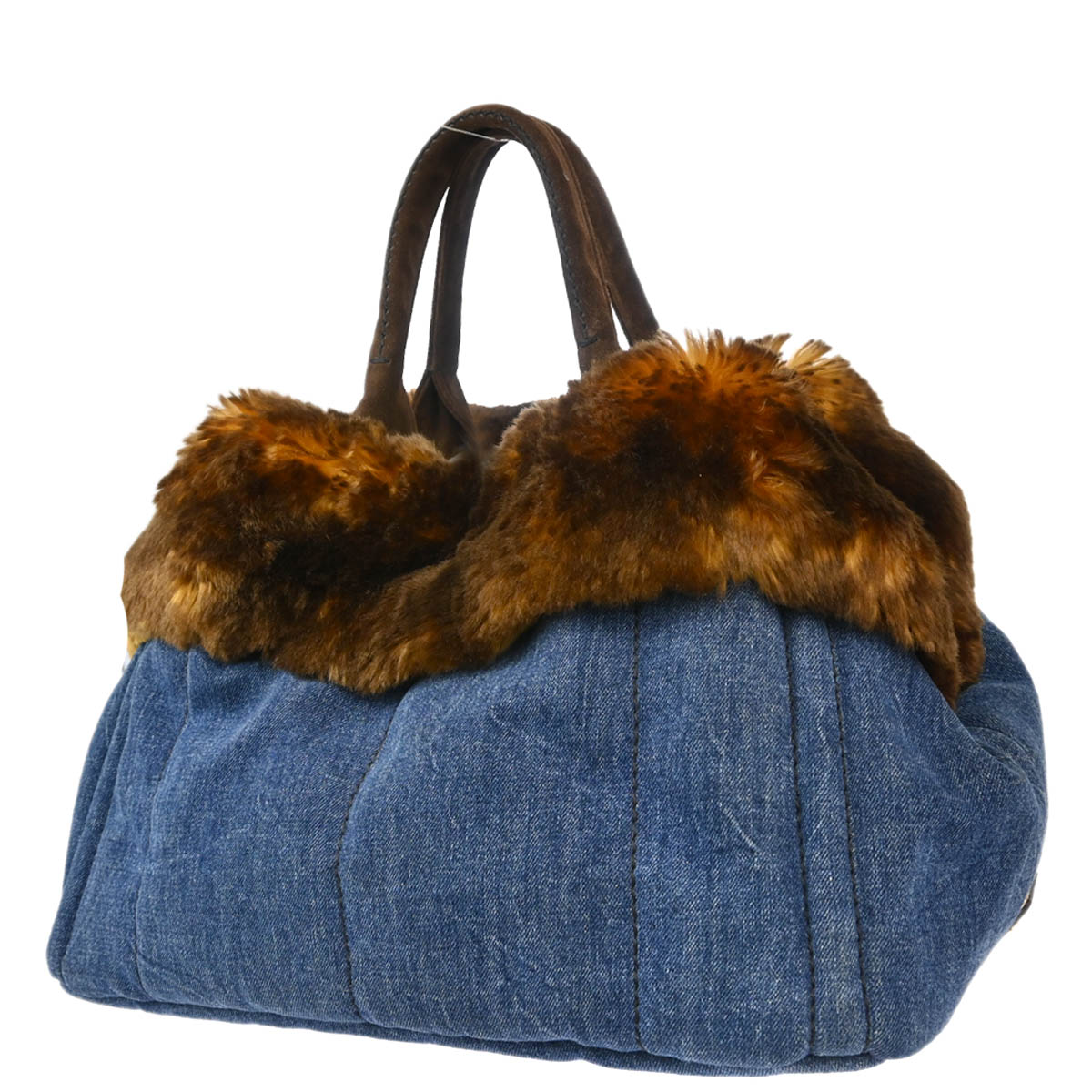 Prada Blue Denim Fur Canapa Tote Handbag