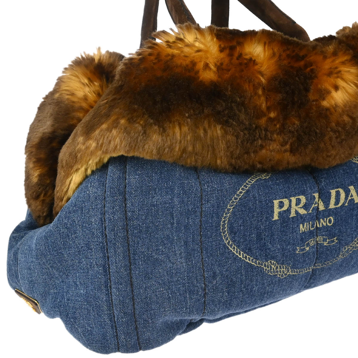 Prada Blue Denim Fur Canapa Tote Handbag