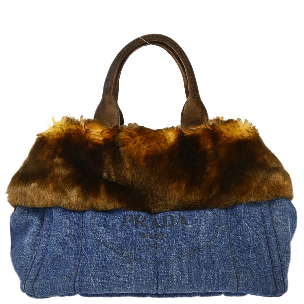 Prada Blue Denim Fur Canapa Tote Handbag