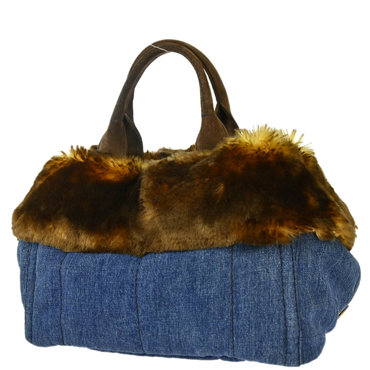 Prada Blue Denim Fur Canapa Tote Handbag