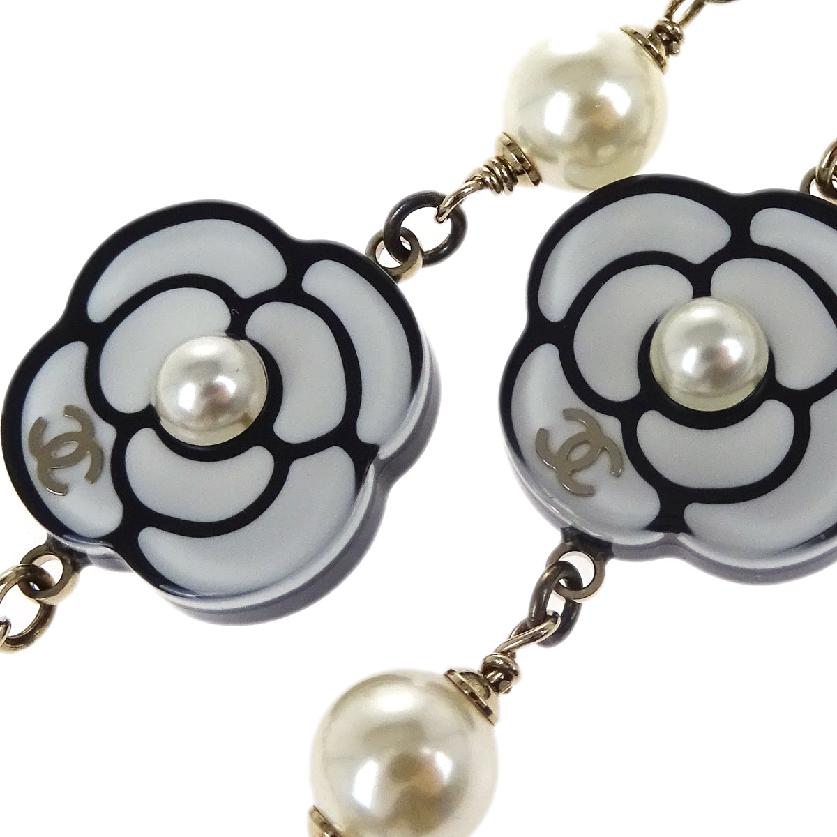 Chanel Costume Pearl Camellia Necklace White Black D19P