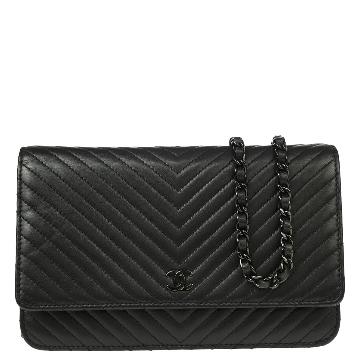 Chanel 2014-2015 Black Lambskin Classic Chevron WOC Wallet Shoulder Bag