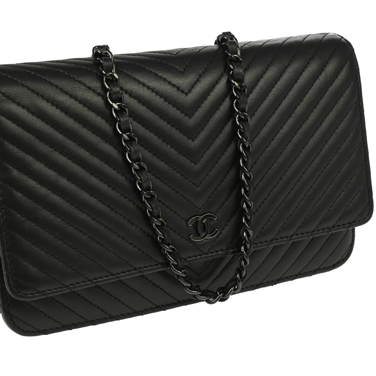 Chanel 2014-2015 Black Lambskin Classic Chevron WOC Wallet Shoulder Bag