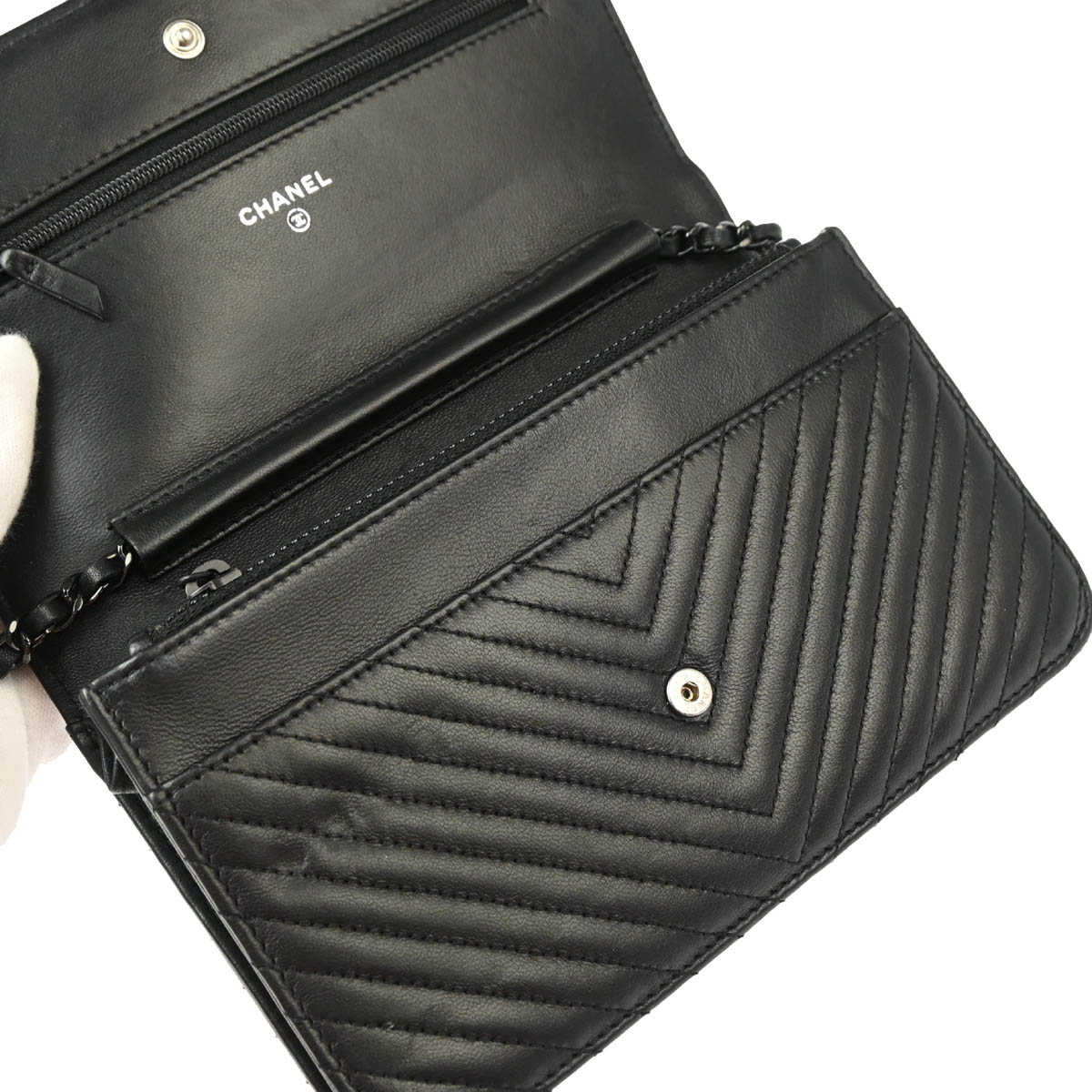 Chanel 2014-2015 Black Lambskin Classic Chevron WOC Wallet Shoulder Bag