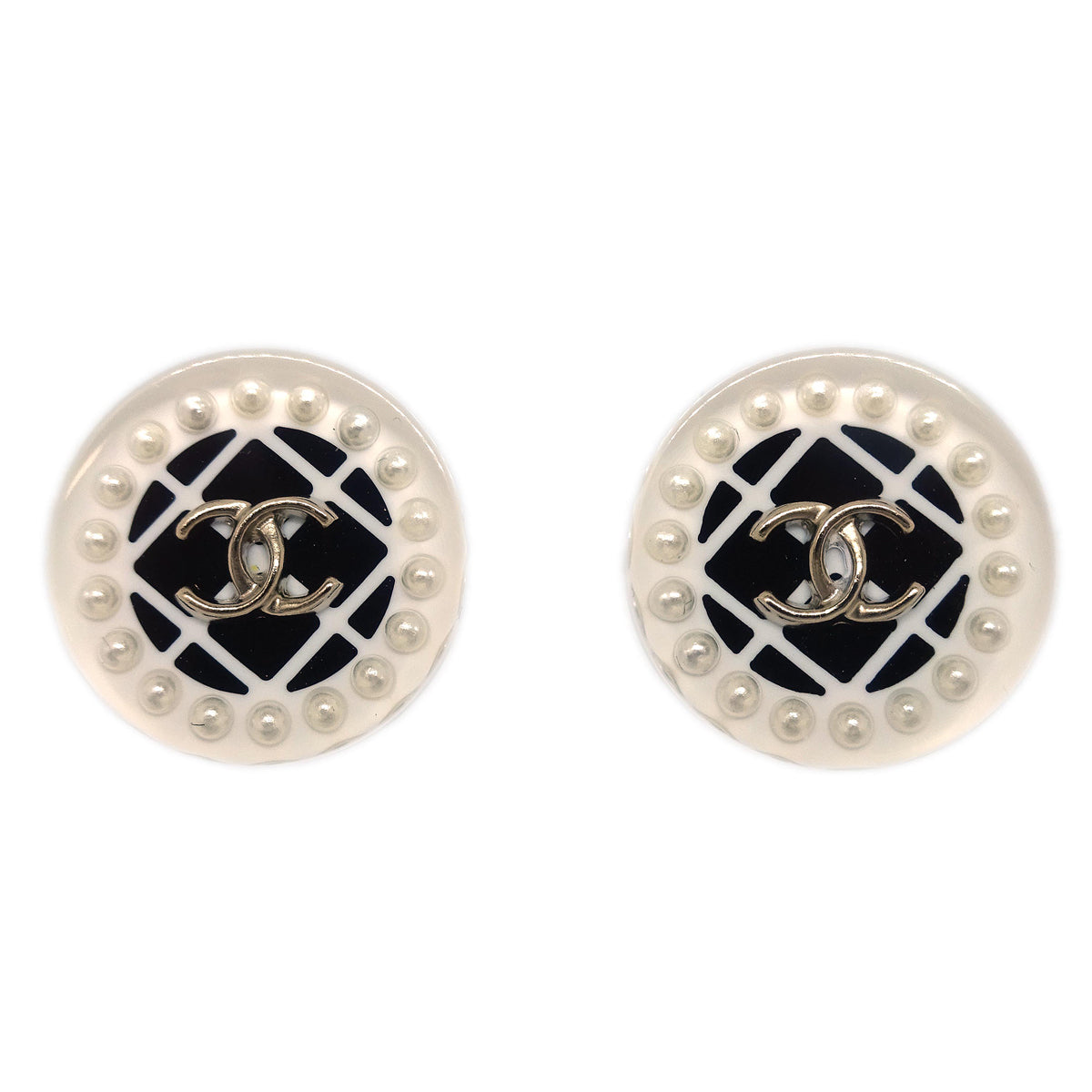 Chanel Button Piercing Earrings Acrylic White D19C