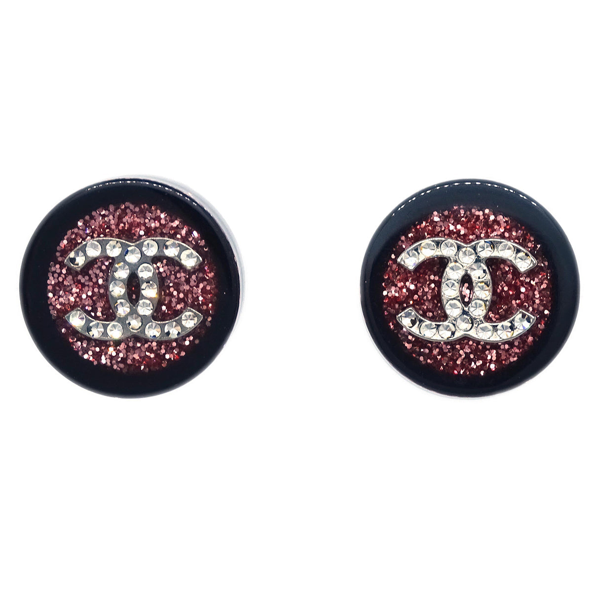 Chanel Button Piercing Earrings Rhinestone Black Pink 17S