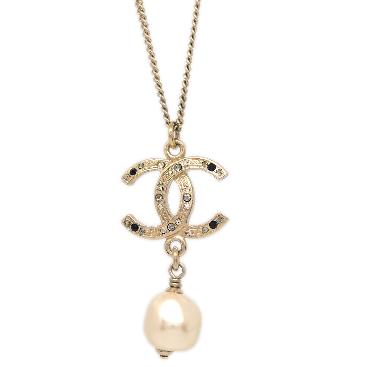 Chanel Pendant Necklace Rhinestone Costume Pearl Gold 12A