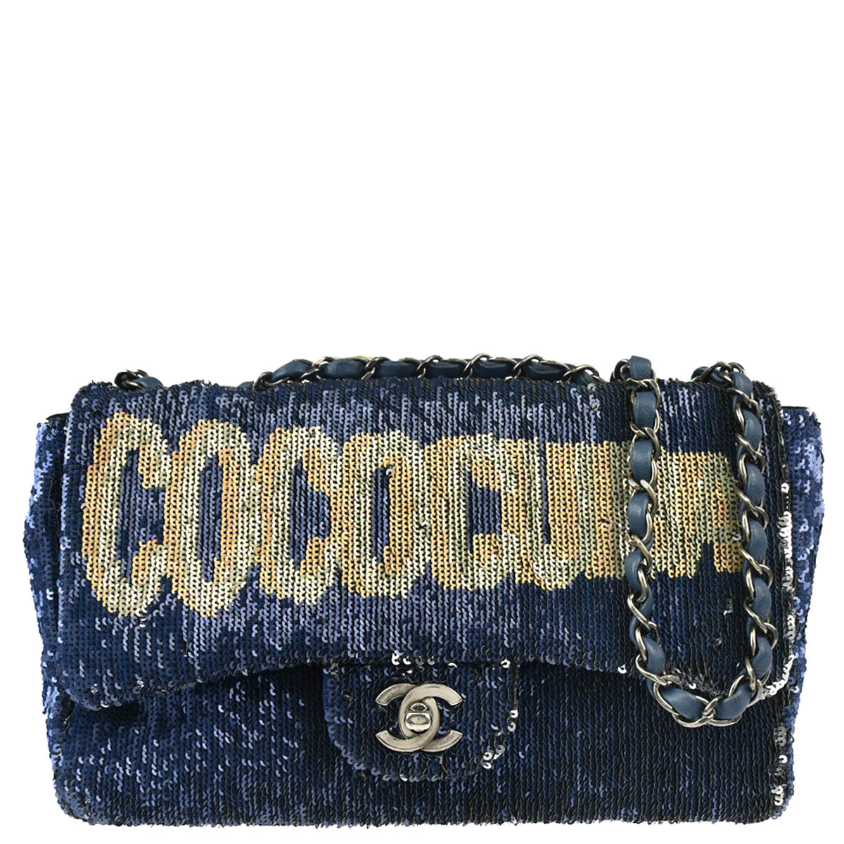 Chanel 2017 Blue Sequins Coco Cuba Flap Double Chain Shoulder Bag