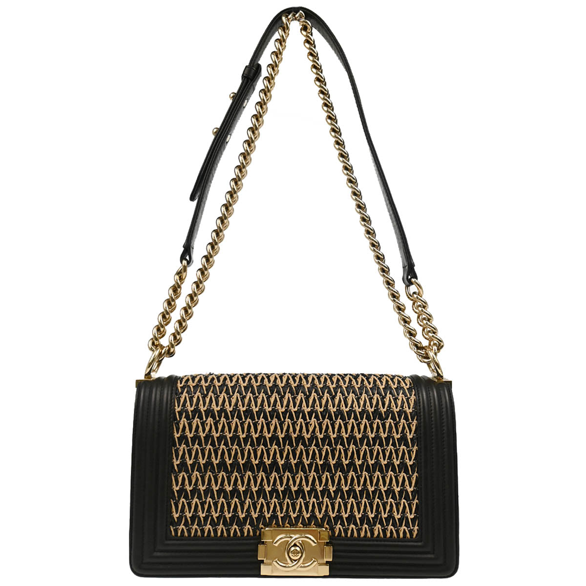 Boy Chanel Black Lambskin Raffia Medium Chain Shoulder Bag