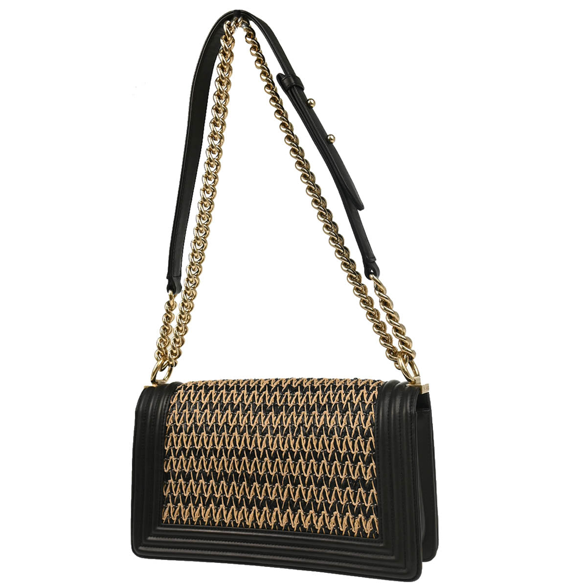 Boy Chanel Black Lambskin Raffia Medium Chain Shoulder Bag