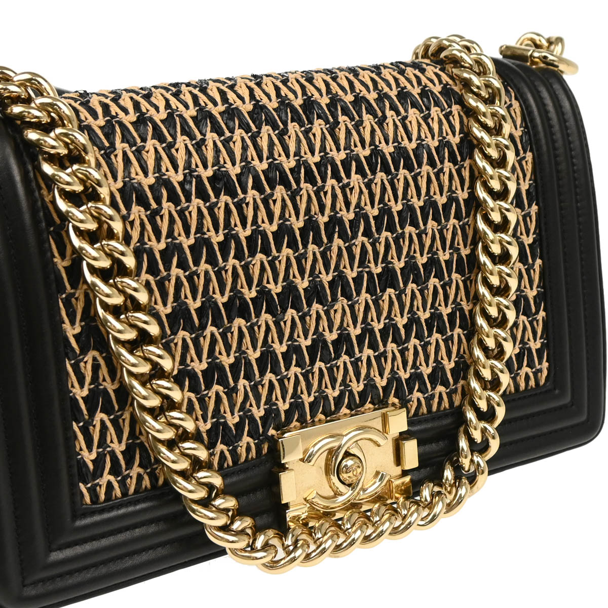 Boy Chanel Black Lambskin Raffia Medium Chain Shoulder Bag