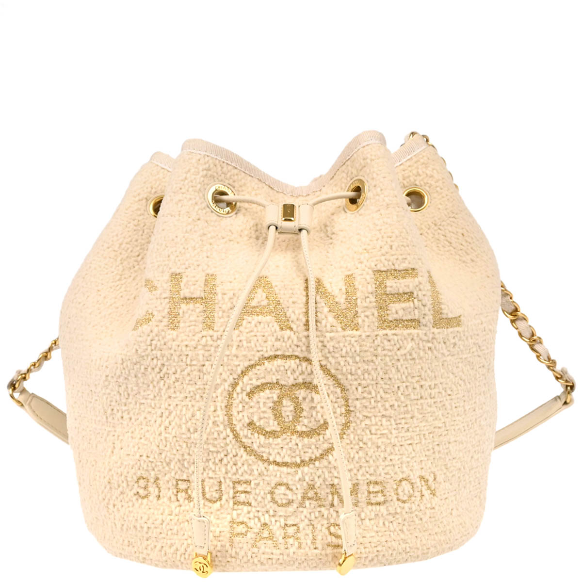 Chanel 2019 White Fabric Deauville Drawstring Bucket Shoulder Bag