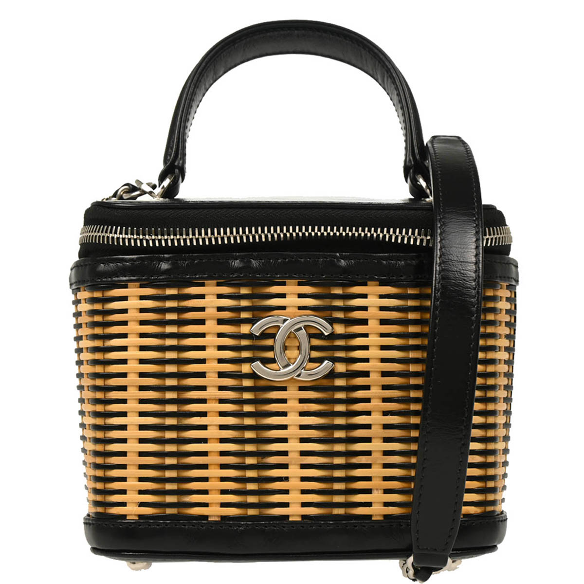 Chanel 2019 Brown Black Ratan Leather 2way Shoulder Vanity Handbag