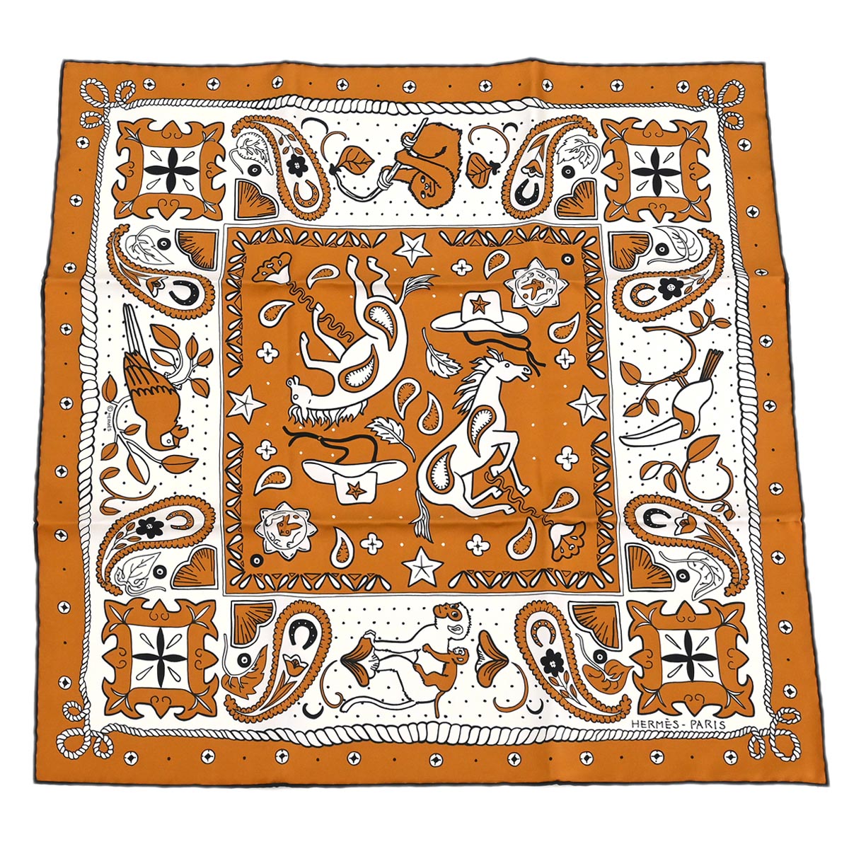 Hermes Scarf Bandana Carre 55 Animaux Paisley Brown Small Good