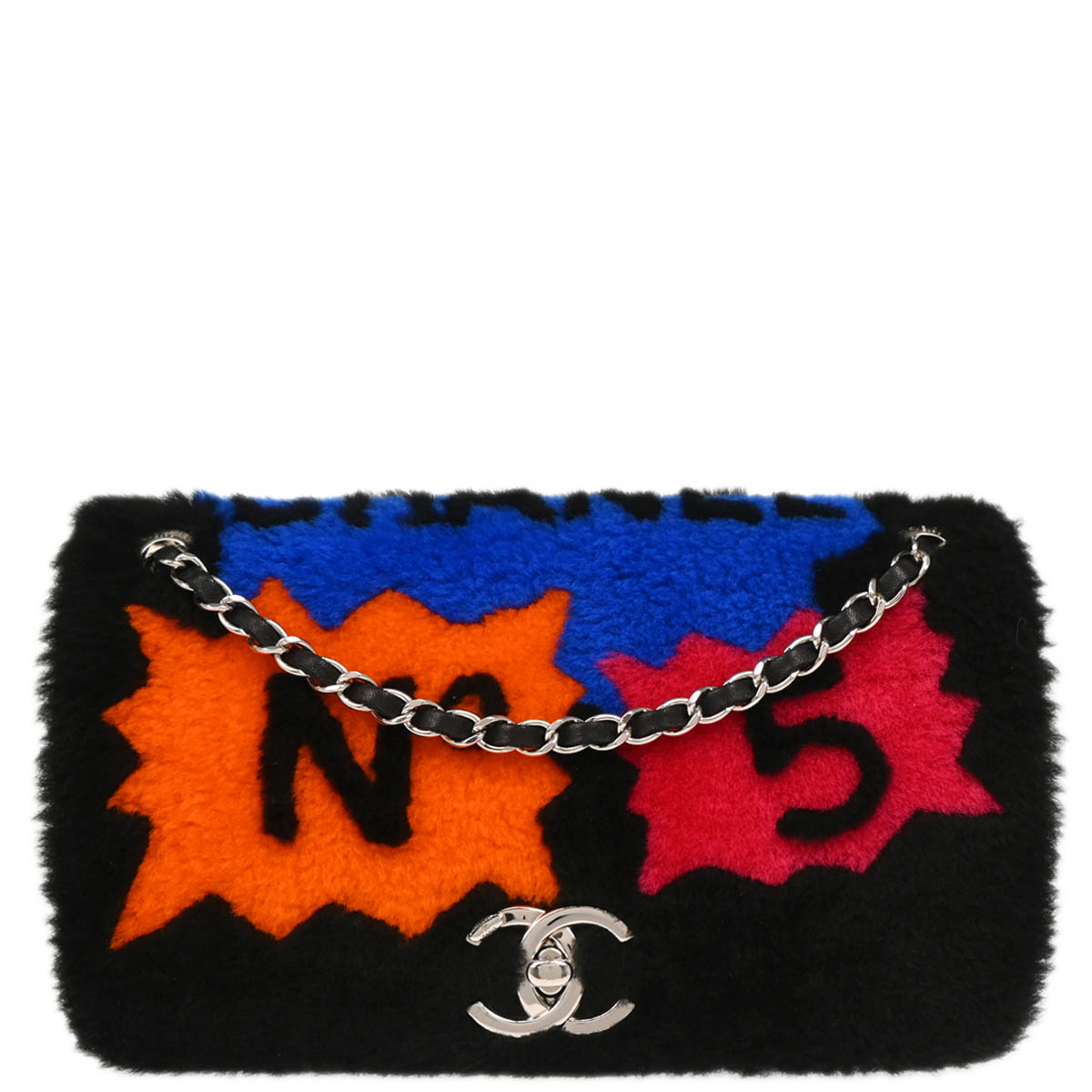Chanel 2014-2015 Black Shearling Pop Art No.5 Full Flap Shoulder Bag