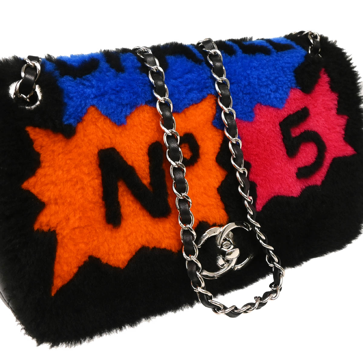 Chanel 2014-2015 Black Shearling Pop Art No.5 Full Flap Shoulder Bag