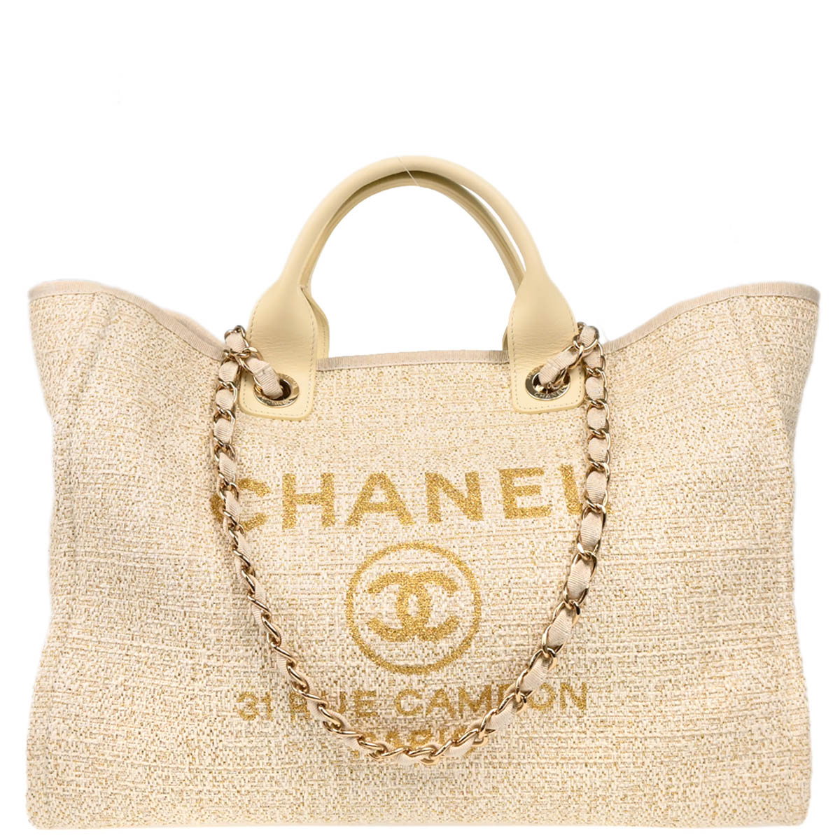 Chanel 2019 White Gold Straw Deauville Medium Tote Handbag