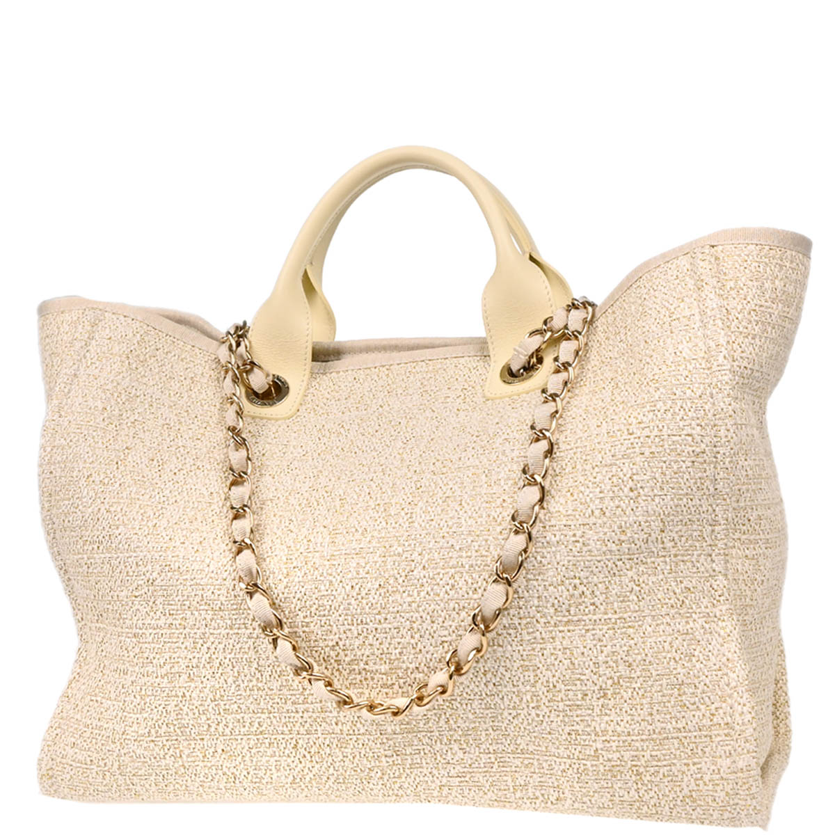 Chanel 2019 White Gold Straw Deauville Medium Tote Handbag