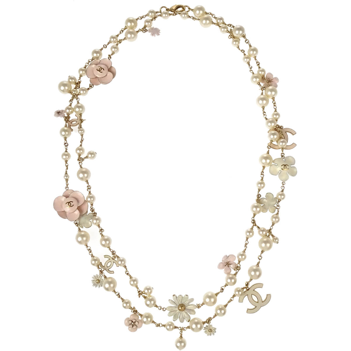Chanel Costume Pearl Flower Chain Necklace Gold 10P