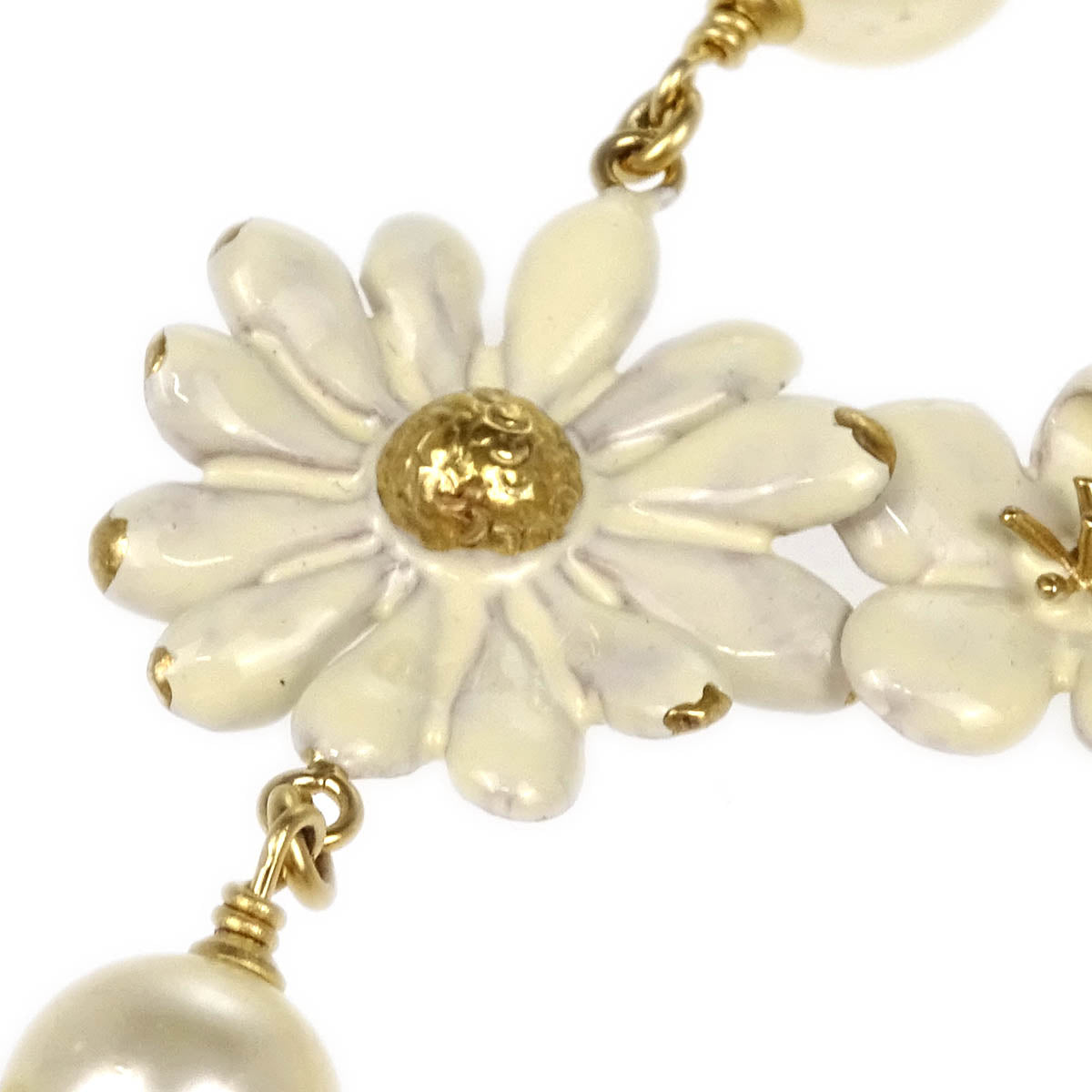 Chanel Costume Pearl Flower Chain Necklace Gold 10P