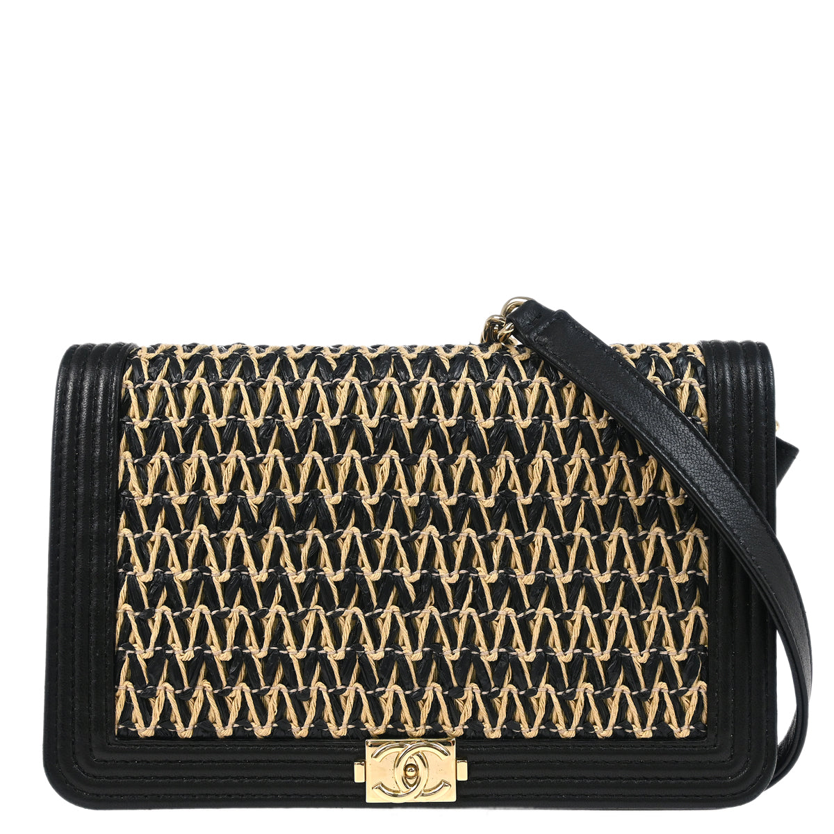 Boy Chanel 2019 Black Raffia Calfskin WOC Shoulder Wallet Bag